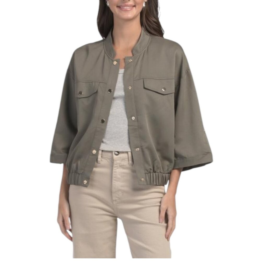 ELLEN TRACY Light Olive Three-quarter Sleeve Bomber Jacket